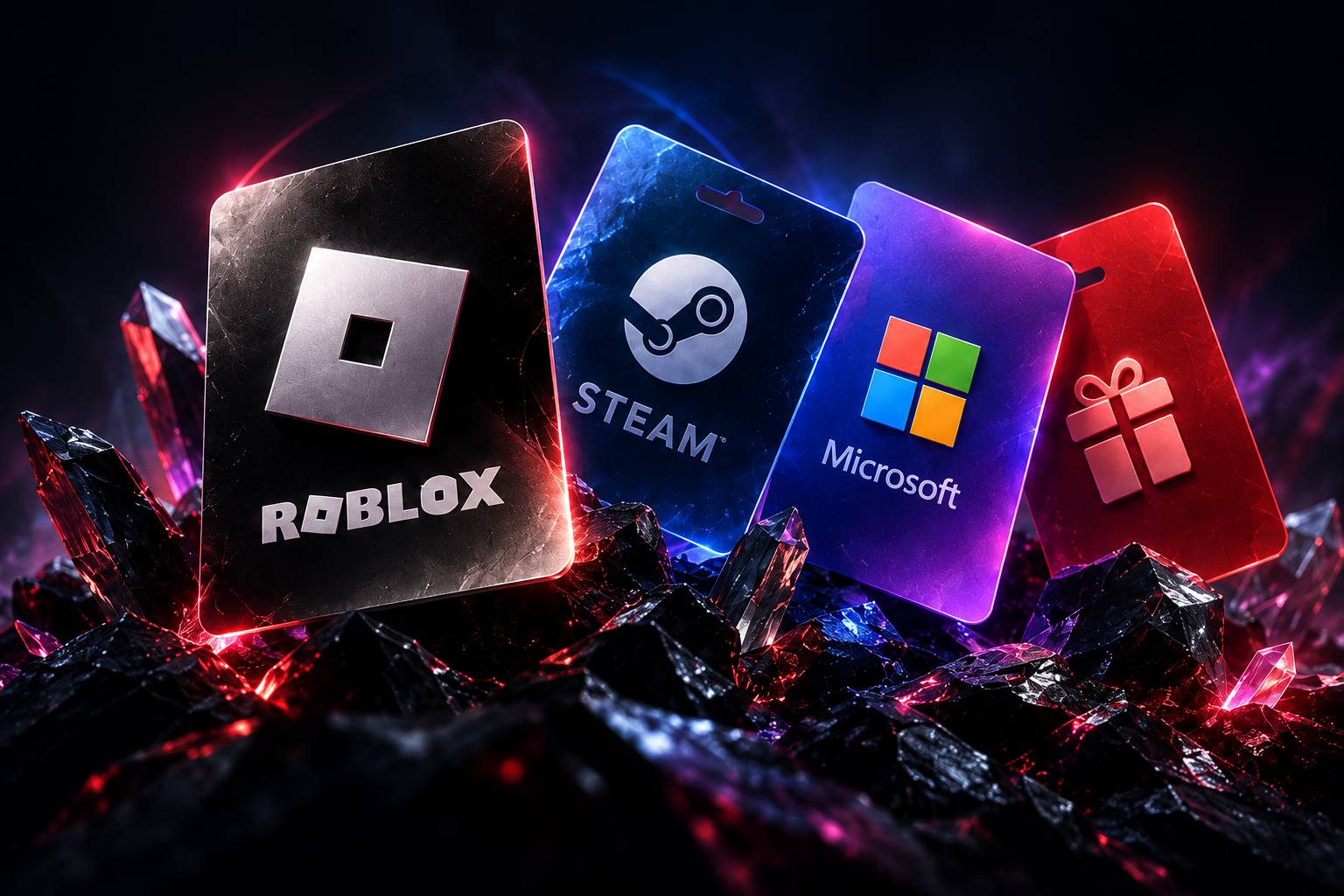 การ์ด Roblox, Steam, Microsoft และกิฟต์การ์ด บนผลึกสีดำท่ามกลางแสงนีออน